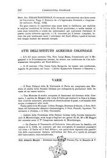 L'agricoltura coloniale organo dell'Istituto agricolo coloniale italiano e dell'Ufficio agrario sperimentale dell'Eritrea