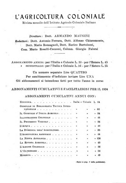 L'agricoltura coloniale organo dell'Istituto agricolo coloniale italiano e dell'Ufficio agrario sperimentale dell'Eritrea