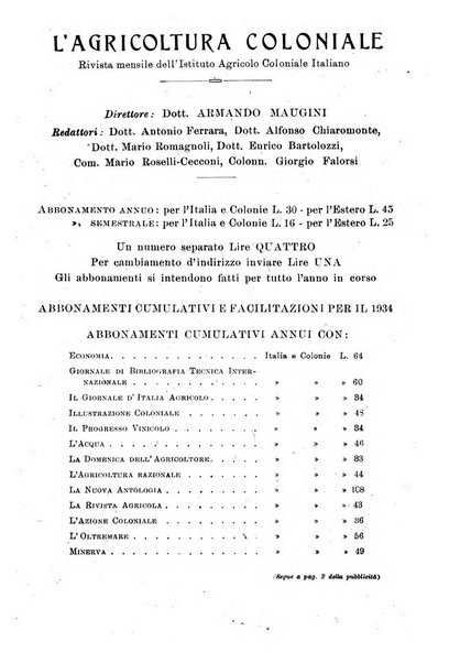 L'agricoltura coloniale organo dell'Istituto agricolo coloniale italiano e dell'Ufficio agrario sperimentale dell'Eritrea