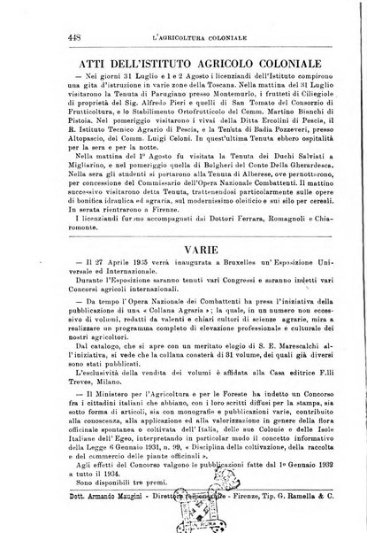 L'agricoltura coloniale organo dell'Istituto agricolo coloniale italiano e dell'Ufficio agrario sperimentale dell'Eritrea