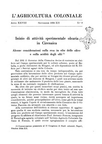 L'agricoltura coloniale organo dell'Istituto agricolo coloniale italiano e dell'Ufficio agrario sperimentale dell'Eritrea