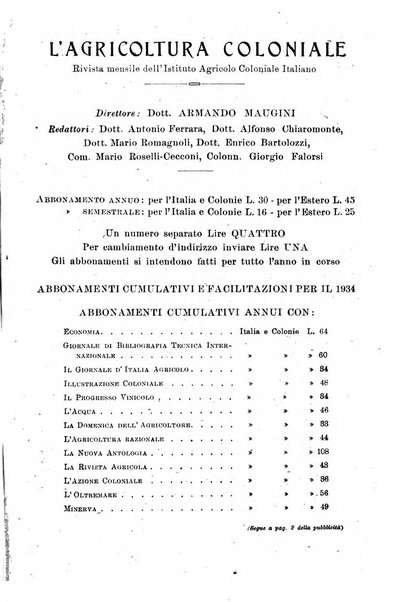 L'agricoltura coloniale organo dell'Istituto agricolo coloniale italiano e dell'Ufficio agrario sperimentale dell'Eritrea