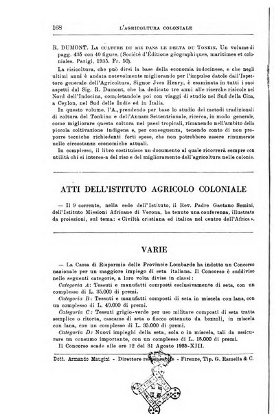 L'agricoltura coloniale organo dell'Istituto agricolo coloniale italiano e dell'Ufficio agrario sperimentale dell'Eritrea