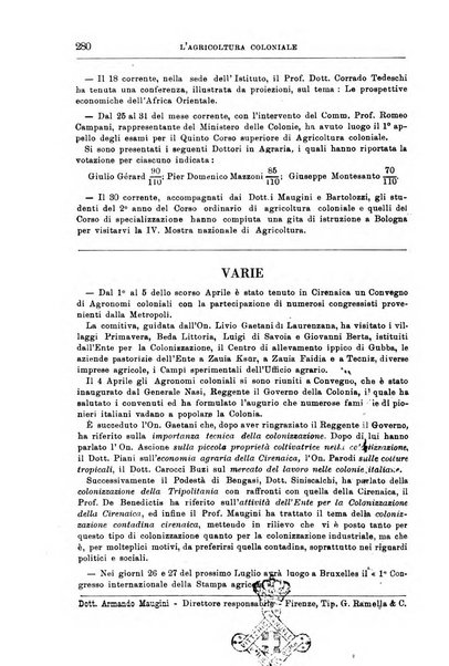 L'agricoltura coloniale organo dell'Istituto agricolo coloniale italiano e dell'Ufficio agrario sperimentale dell'Eritrea