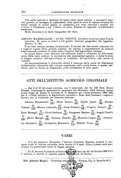 L'agricoltura coloniale organo dell'Istituto agricolo coloniale italiano e dell'Ufficio agrario sperimentale dell'Eritrea