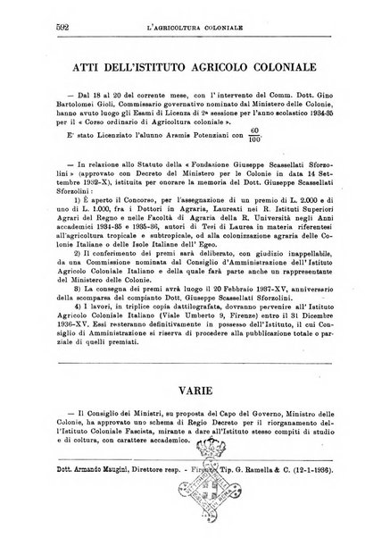 L'agricoltura coloniale organo dell'Istituto agricolo coloniale italiano e dell'Ufficio agrario sperimentale dell'Eritrea