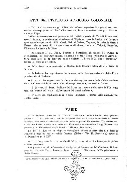 L'agricoltura coloniale organo dell'Istituto agricolo coloniale italiano e dell'Ufficio agrario sperimentale dell'Eritrea