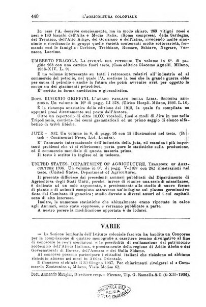 L'agricoltura coloniale organo dell'Istituto agricolo coloniale italiano e dell'Ufficio agrario sperimentale dell'Eritrea