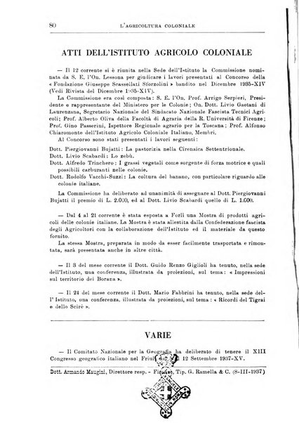 L'agricoltura coloniale organo dell'Istituto agricolo coloniale italiano e dell'Ufficio agrario sperimentale dell'Eritrea