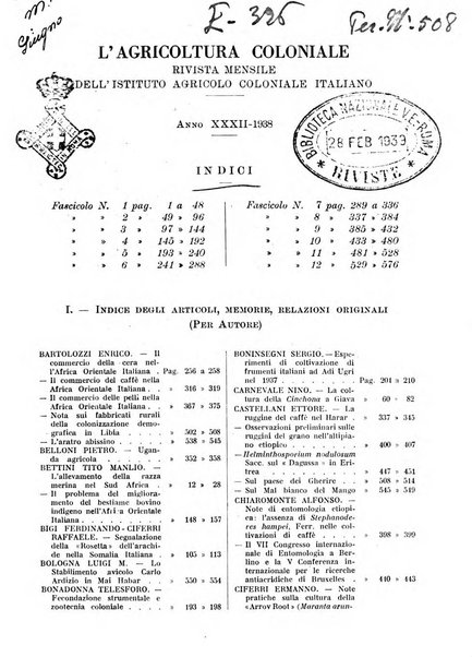 L'agricoltura coloniale organo dell'Istituto agricolo coloniale italiano e dell'Ufficio agrario sperimentale dell'Eritrea