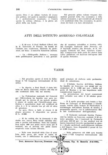 L'agricoltura coloniale organo dell'Istituto agricolo coloniale italiano e dell'Ufficio agrario sperimentale dell'Eritrea