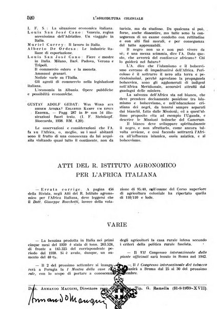 L'agricoltura coloniale organo dell'Istituto agricolo coloniale italiano e dell'Ufficio agrario sperimentale dell'Eritrea