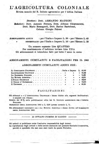 L'agricoltura coloniale organo dell'Istituto agricolo coloniale italiano e dell'Ufficio agrario sperimentale dell'Eritrea