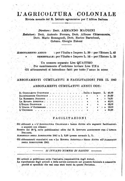 L'agricoltura coloniale organo dell'Istituto agricolo coloniale italiano e dell'Ufficio agrario sperimentale dell'Eritrea