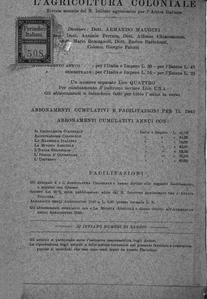 L'agricoltura coloniale organo dell'Istituto agricolo coloniale italiano e dell'Ufficio agrario sperimentale dell'Eritrea