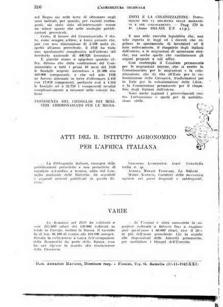 L'agricoltura coloniale organo dell'Istituto agricolo coloniale italiano e dell'Ufficio agrario sperimentale dell'Eritrea