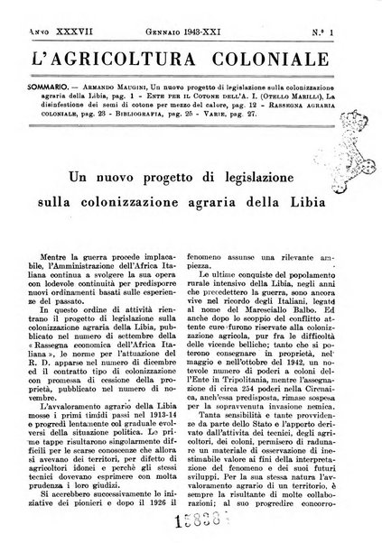 L'agricoltura coloniale organo dell'Istituto agricolo coloniale italiano e dell'Ufficio agrario sperimentale dell'Eritrea