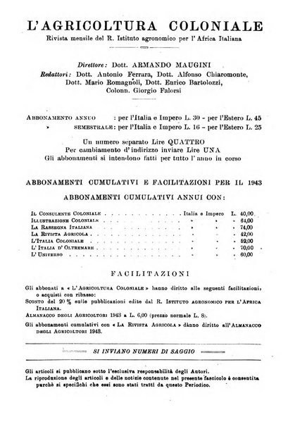 L'agricoltura coloniale organo dell'Istituto agricolo coloniale italiano e dell'Ufficio agrario sperimentale dell'Eritrea