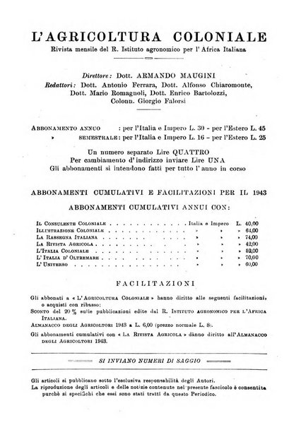 L'agricoltura coloniale organo dell'Istituto agricolo coloniale italiano e dell'Ufficio agrario sperimentale dell'Eritrea