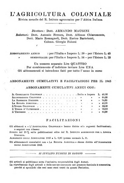 L'agricoltura coloniale organo dell'Istituto agricolo coloniale italiano e dell'Ufficio agrario sperimentale dell'Eritrea