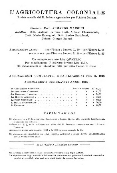 L'agricoltura coloniale organo dell'Istituto agricolo coloniale italiano e dell'Ufficio agrario sperimentale dell'Eritrea