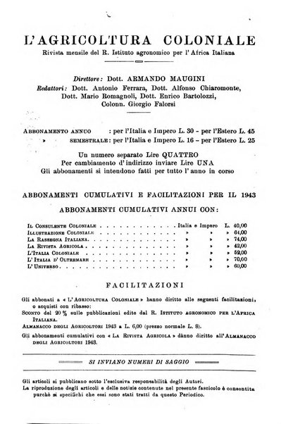 L'agricoltura coloniale organo dell'Istituto agricolo coloniale italiano e dell'Ufficio agrario sperimentale dell'Eritrea