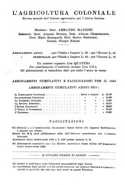 L'agricoltura coloniale organo dell'Istituto agricolo coloniale italiano e dell'Ufficio agrario sperimentale dell'Eritrea