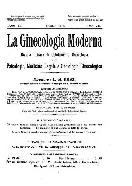 La ginecologia moderna rivista italiana di ostetricia e ginecologia e di psicologia, medicina legale e sociologia ginecologica