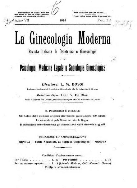 La ginecologia moderna rivista italiana di ostetricia e ginecologia e di psicologia, medicina legale e sociologia ginecologica