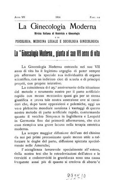 La ginecologia moderna rivista italiana di ostetricia e ginecologia e di psicologia, medicina legale e sociologia ginecologica