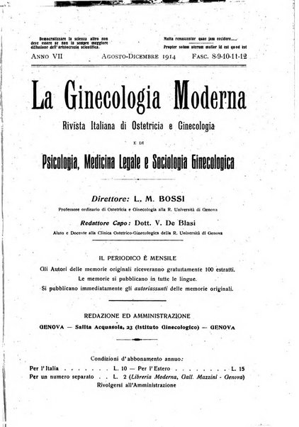 La ginecologia moderna rivista italiana di ostetricia e ginecologia e di psicologia, medicina legale e sociologia ginecologica