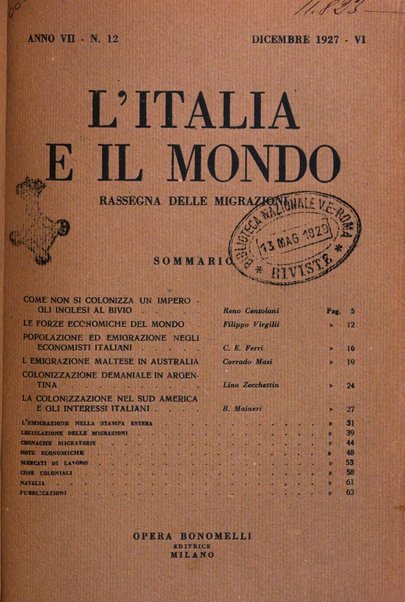 L'Italia e il mondo rassegna mensile delle migrazioni. --a. 8, n. 12 (dic. 1928)