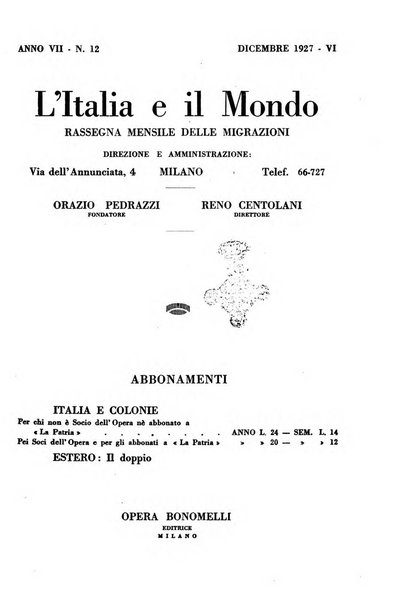 L'Italia e il mondo rassegna mensile delle migrazioni. --a. 8, n. 12 (dic. 1928)