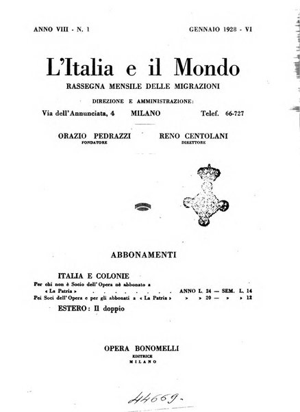 L'Italia e il mondo rassegna mensile delle migrazioni. --a. 8, n. 12 (dic. 1928)