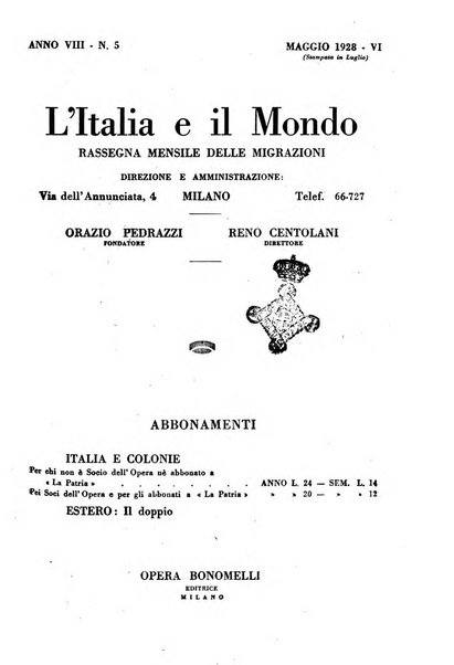 L'Italia e il mondo rassegna mensile delle migrazioni. --a. 8, n. 12 (dic. 1928)