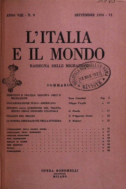 L'Italia e il mondo rassegna mensile delle migrazioni. --a. 8, n. 12 (dic. 1928)