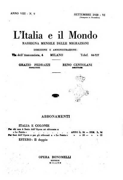 L'Italia e il mondo rassegna mensile delle migrazioni. --a. 8, n. 12 (dic. 1928)