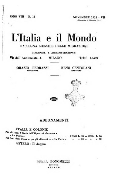 L'Italia e il mondo rassegna mensile delle migrazioni. --a. 8, n. 12 (dic. 1928)