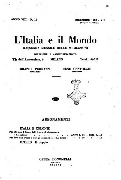 L'Italia e il mondo rassegna mensile delle migrazioni. --a. 8, n. 12 (dic. 1928)