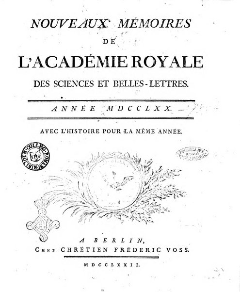 Nouveaux memoires de l'Academie royale des sciences et belles-lettres, avec l'histoire pour la meme annee