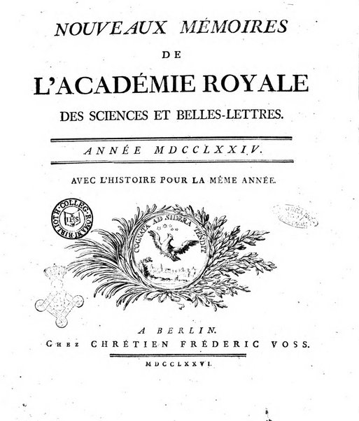 Nouveaux memoires de l'Academie royale des sciences et belles-lettres, avec l'histoire pour la meme annee