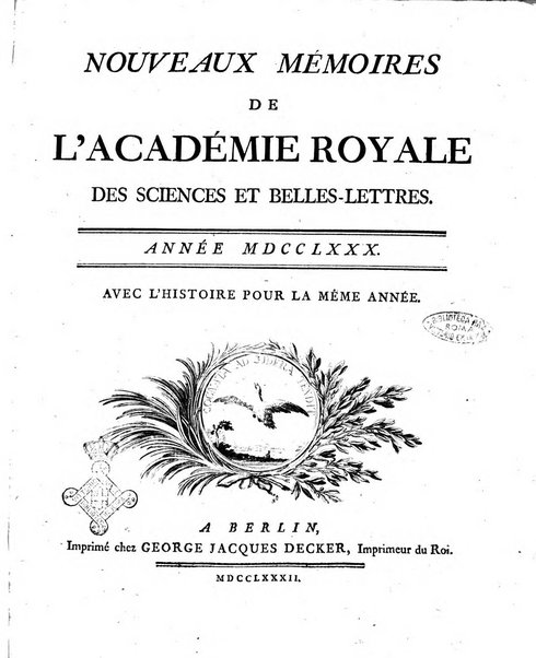 Nouveaux memoires de l'Academie royale des sciences et belles-lettres, avec l'histoire pour la meme annee