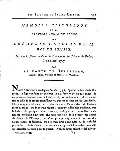 Nouveaux memoires de l'Academie royale des sciences et belles-lettres, avec l'histoire pour la meme annee