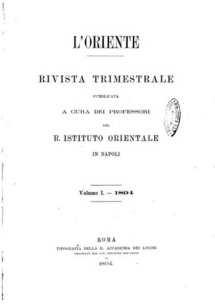 L'oriente rivista trimestrale pubblicata a cura dei professori del R. Istituto orientale in Napoli