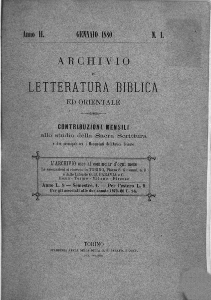 Archivio di letteratura biblica ed orientale contribuzioni mensili allo studio della Sacra Scrittura e dei principali tra i monumenti dell'antico oriente