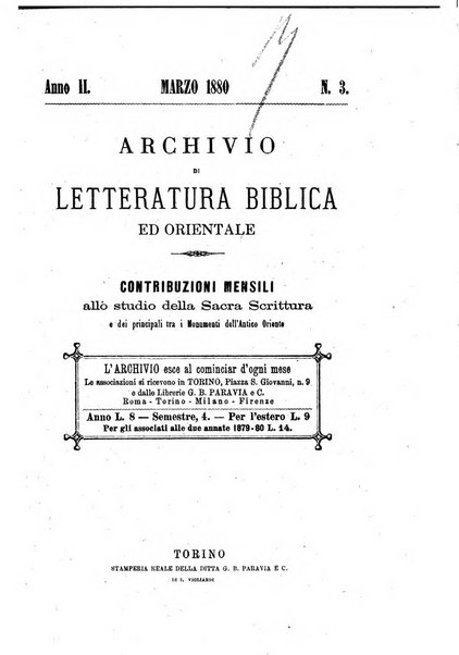 Archivio di letteratura biblica ed orientale contribuzioni mensili allo studio della Sacra Scrittura e dei principali tra i monumenti dell'antico oriente