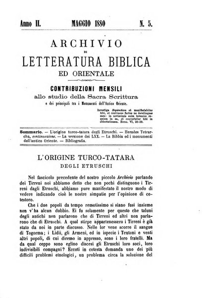 Archivio di letteratura biblica ed orientale contribuzioni mensili allo studio della Sacra Scrittura e dei principali tra i monumenti dell'antico oriente