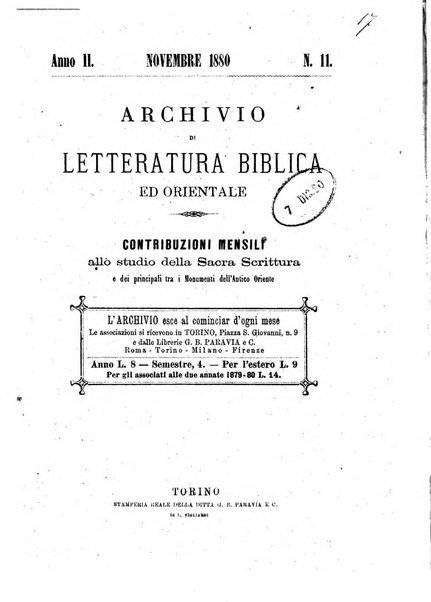 Archivio di letteratura biblica ed orientale contribuzioni mensili allo studio della Sacra Scrittura e dei principali tra i monumenti dell'antico oriente