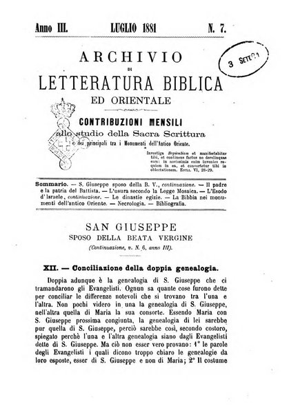 Archivio di letteratura biblica ed orientale contribuzioni mensili allo studio della Sacra Scrittura e dei principali tra i monumenti dell'antico oriente