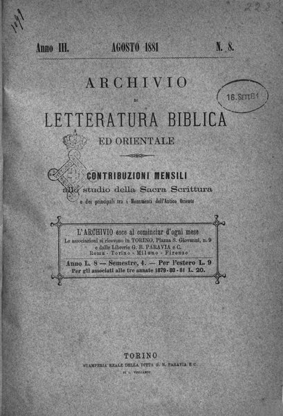 Archivio di letteratura biblica ed orientale contribuzioni mensili allo studio della Sacra Scrittura e dei principali tra i monumenti dell'antico oriente